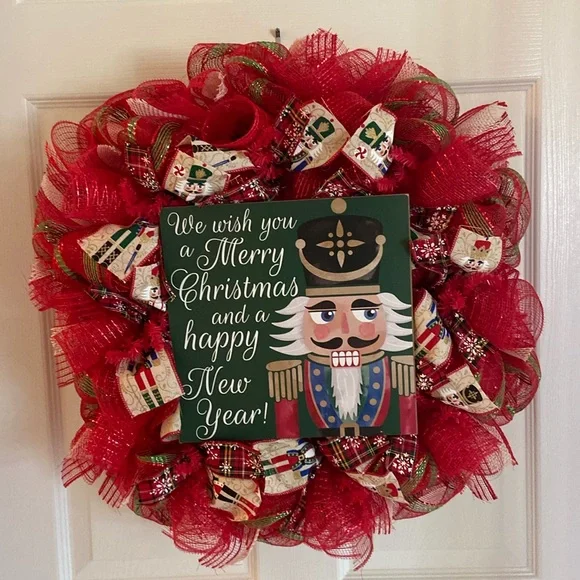 24” Nutcracker Christmas Handmade Mesh Wreath w/ Wooden Nutcracker Sign - Picture 1 of 12